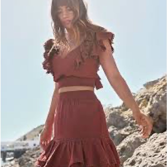 Express Rust Burgundy Linen Ruffle Top and Skirt Set Size Medium - Picture 2 of 11